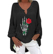 Halloween Themed Print V-neck Cotton Linen Long Sleeve Shirt For Women