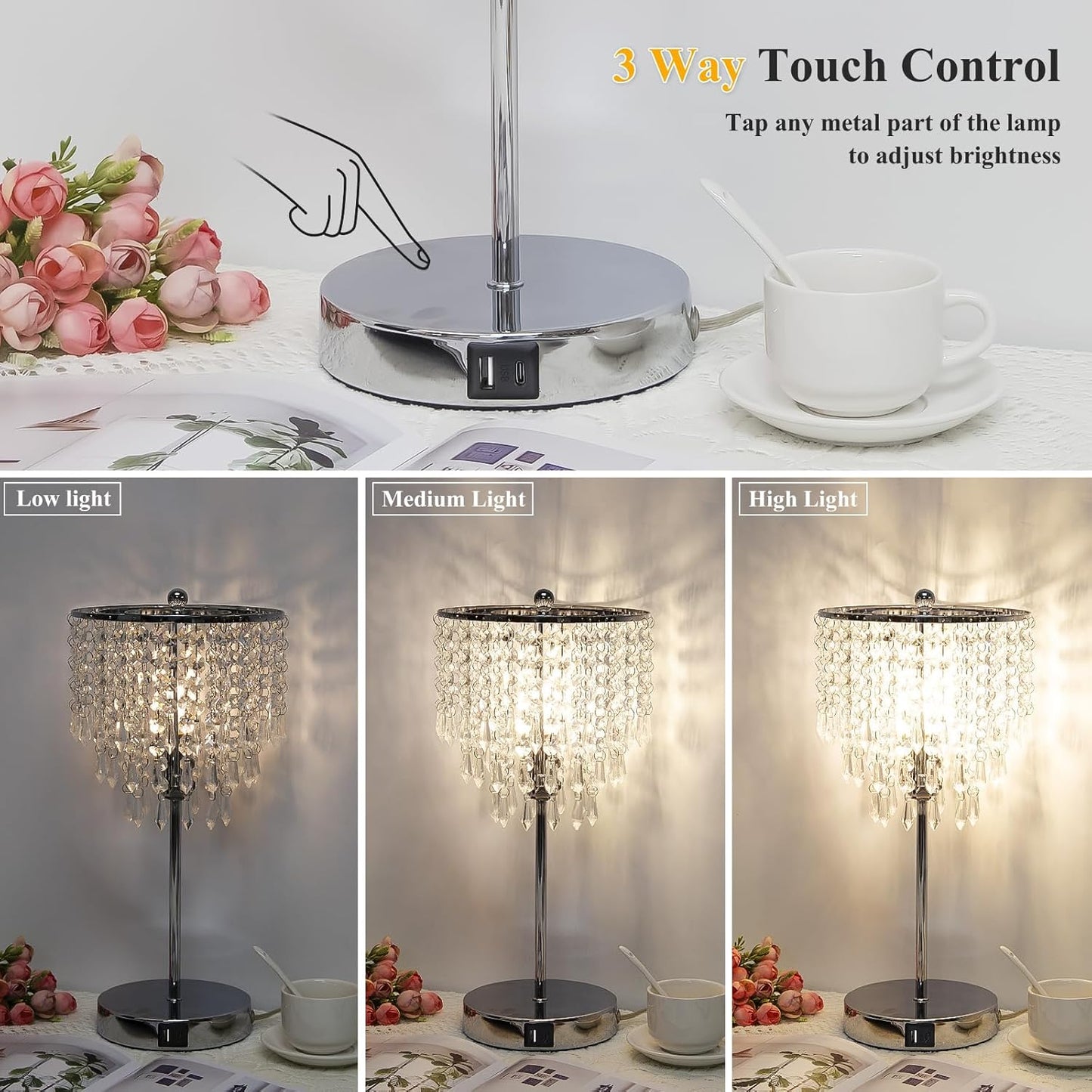 Touch Control Crystal Table Lamp with USB C+A Charging Ports, 3-Way Dimmable Bedside Touch Lamp Decorative Nightstand Lamp with Elegant Lampshade for Living Room Bedroom, B11 LED Bulb Included