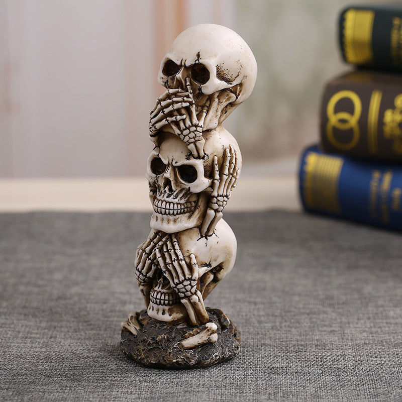 Hear-no See-no Speak-no Evil Skull Statue SculptureFigure Skeleton Stacked Skulls For Halloween Decoration Skull Collection