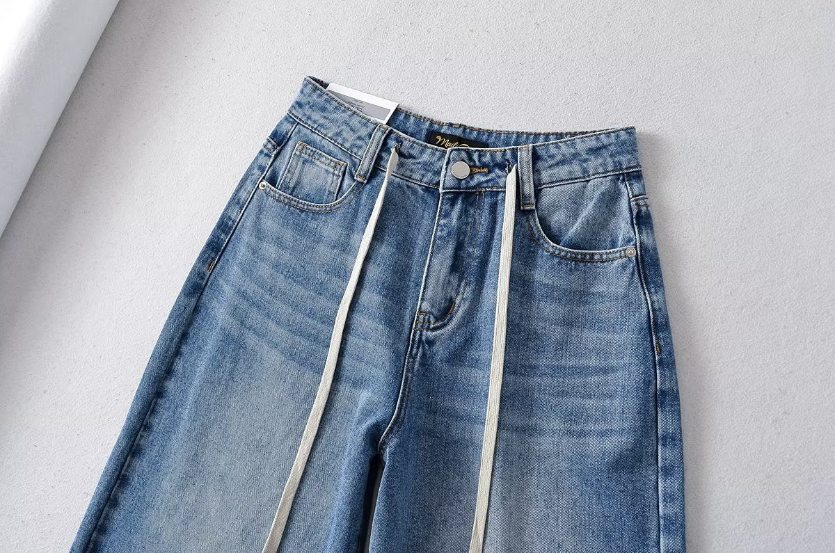 New High Waist Drawstring Ribbon Casual Loose Straight Jeans
