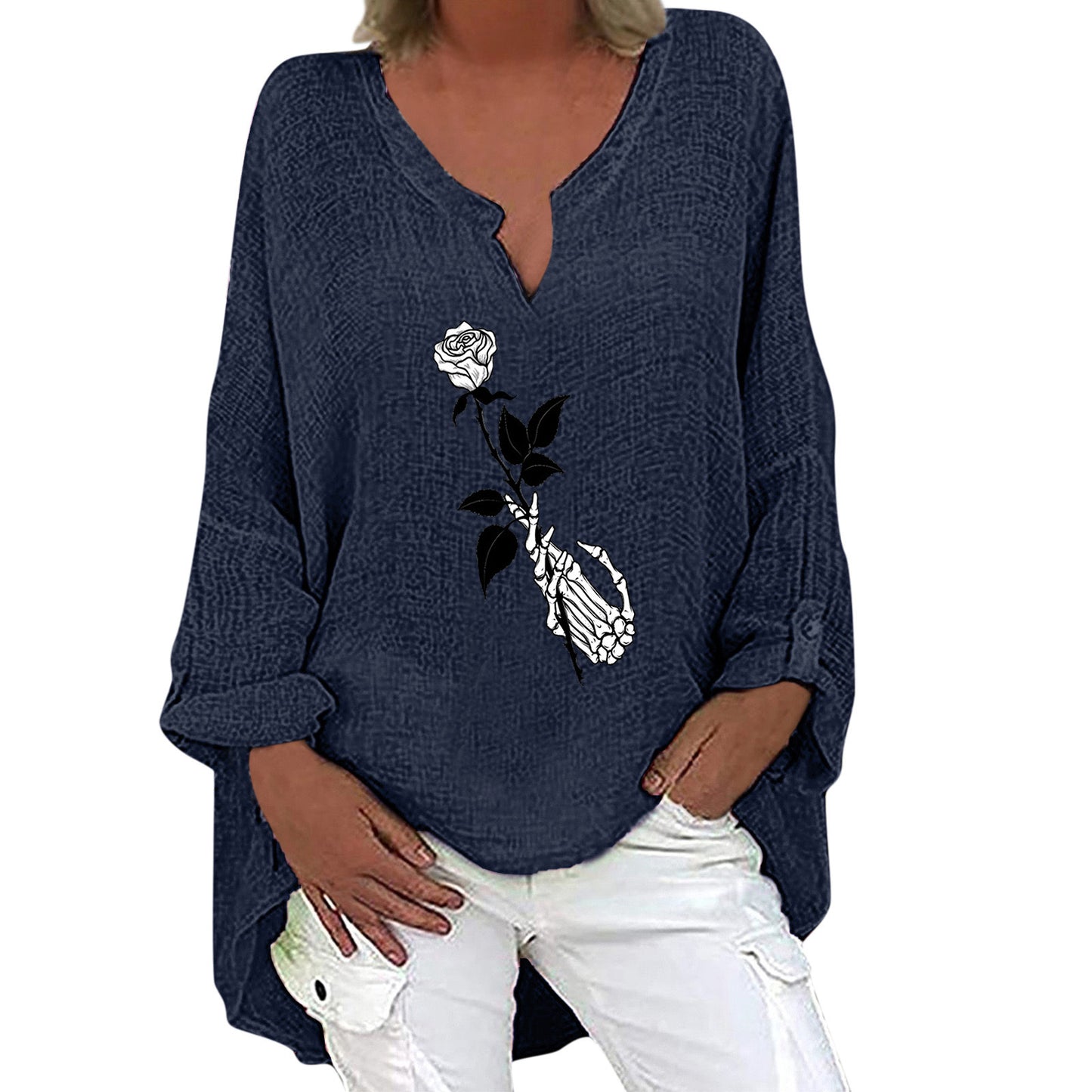 Halloween Themed Print V-neck Cotton Linen Long Sleeve Shirt For Women
