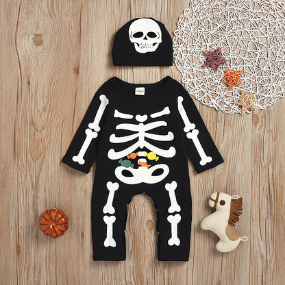 Long sleeve Halloween skull print one-piece romper