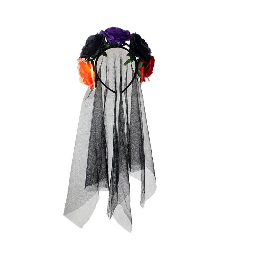 Halloween Headband Rose Flower Black Veil Witch