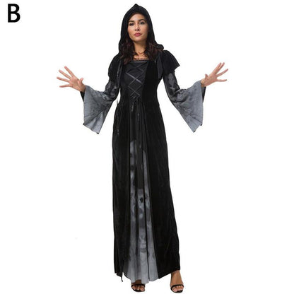 Halloween New Skull Print Witch Long Vampire Costume, Queen Dress Costume