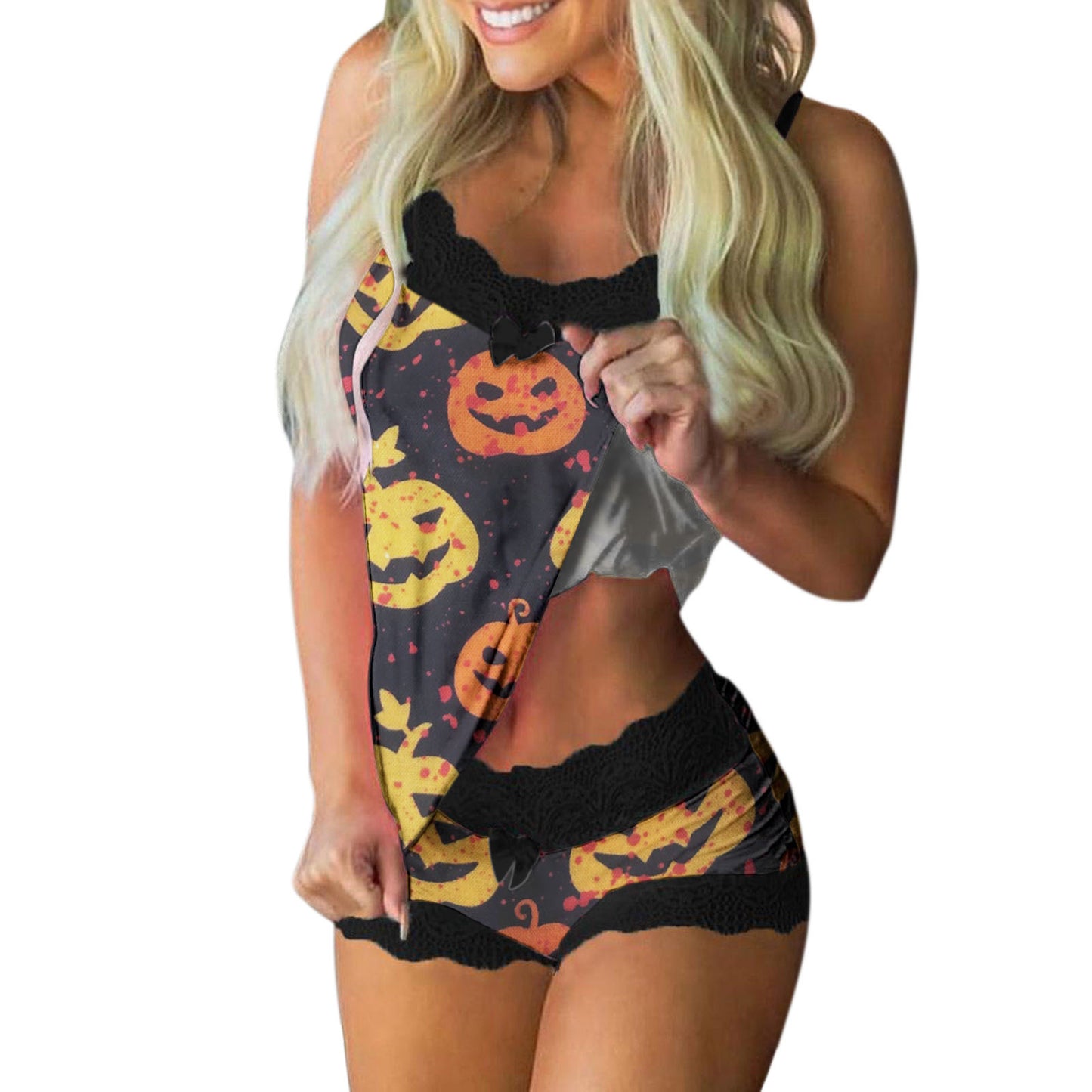 Halloween European And American New Suspender Lace Print Pajamas