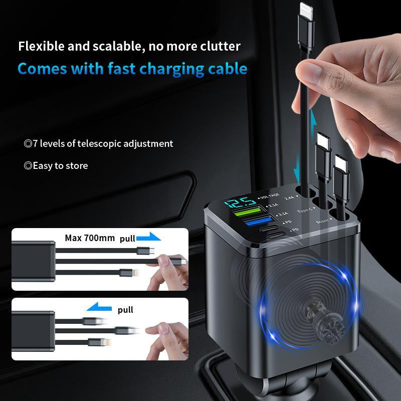 Nuokaiqi Car 8-In-1 Fast Charger with 3 Retractable Cables, 180° Direction Adjustment, LED Display, Compact Design, Premium Materials, Ideal for Road Trips