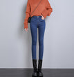 High Waist Velvet Thickening Denim Female Stretch Feet Pants