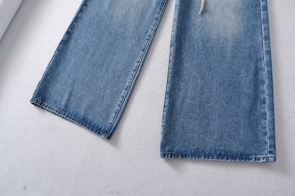 New High Waist Drawstring Ribbon Casual Loose Straight Jeans