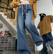 High Waist Loose American Retro Drawstring Design Jeans