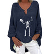 Halloween Themed Print V-neck Cotton Linen Long Sleeve Shirt For Women