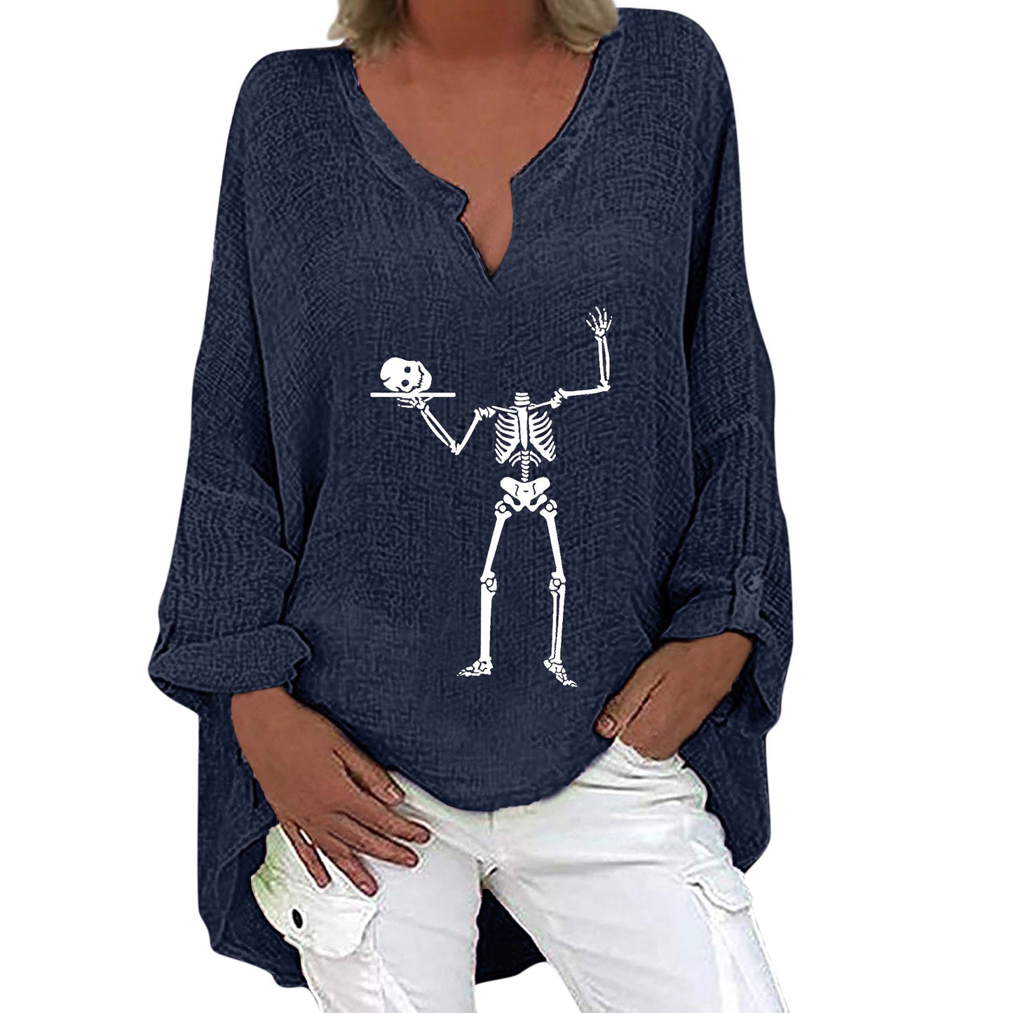 Halloween Themed Print V-neck Cotton Linen Long Sleeve Shirt For Women