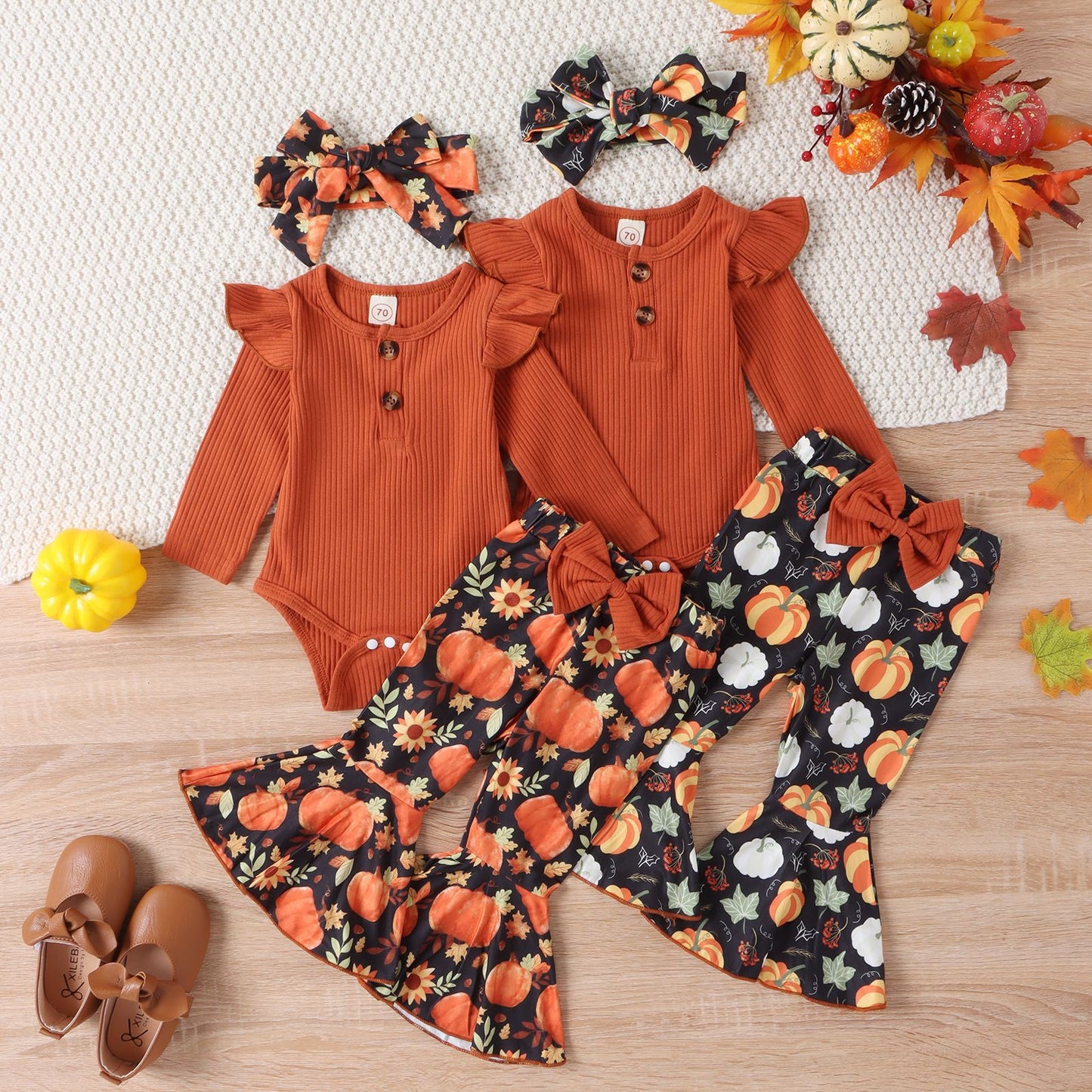 Halloween Autumn And Winter Infant Long-sleeve Jumpsuit Pumpkin Print Flared Pants Hair Band Girls' Suit