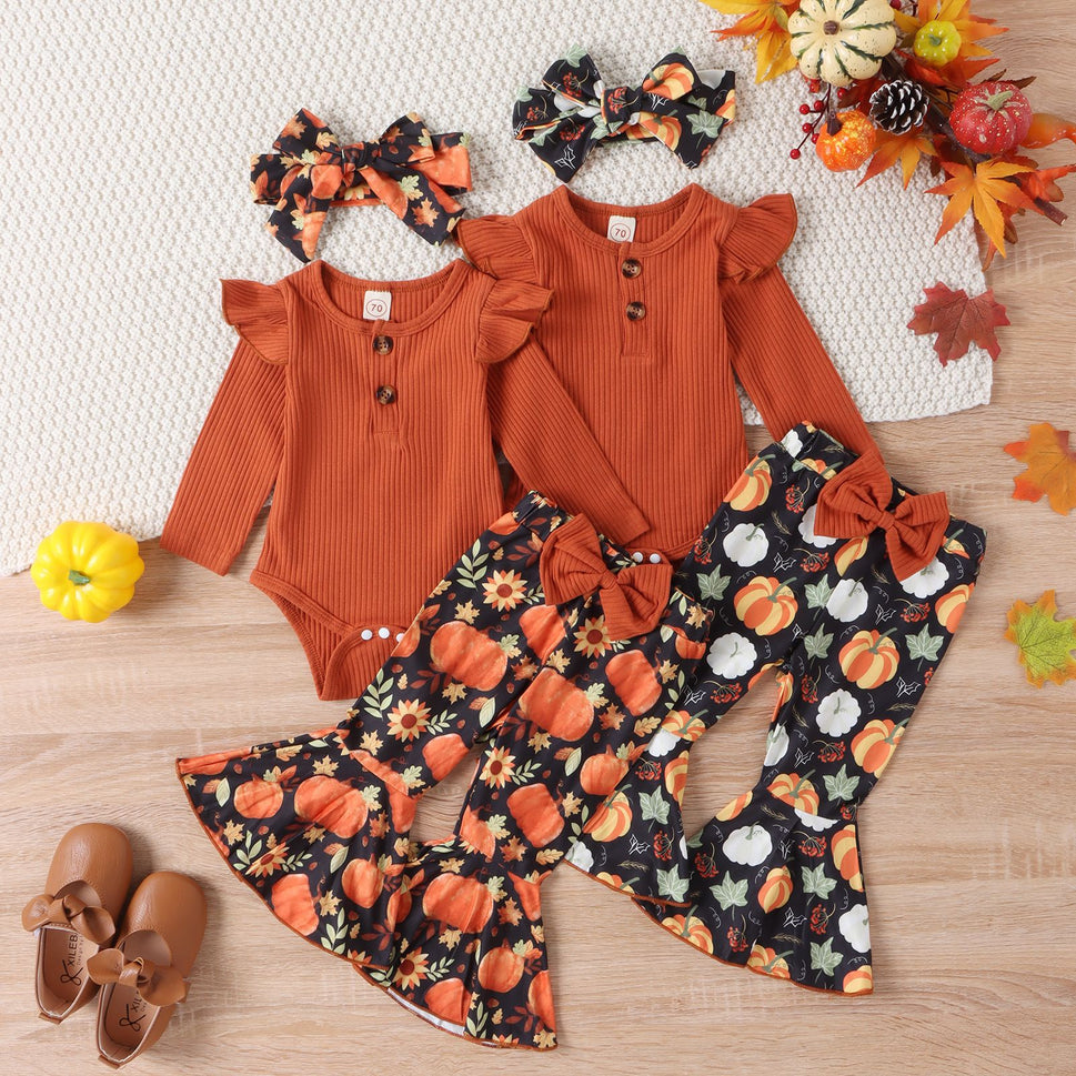Halloween Autumn And Winter Infant Long-sleeve Jumpsuit Pumpkin Print Flared Pants Hair Band Girls' Suit