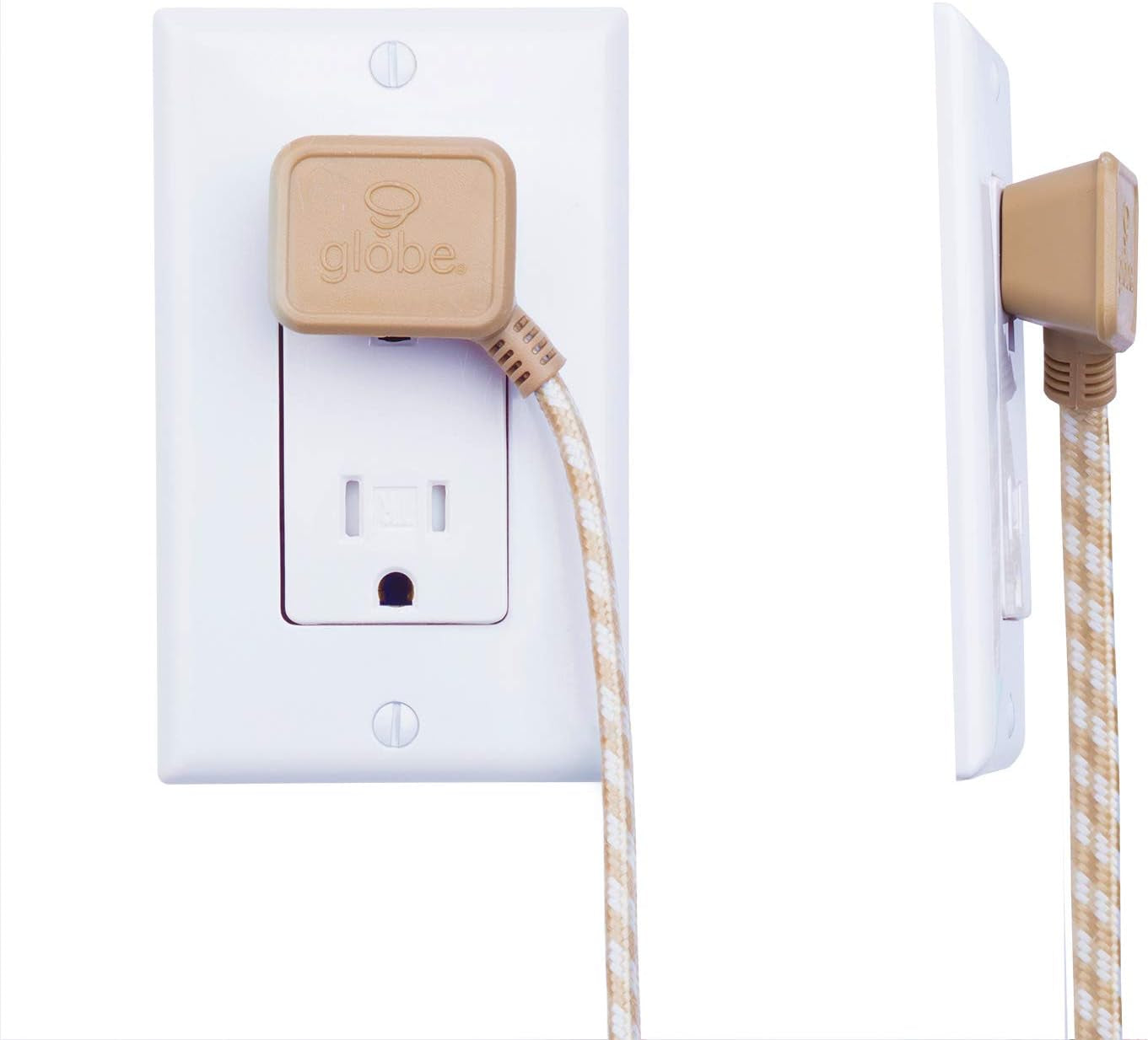 22836 Designer Series 9-Ft Fabric Extension Cord, 3 Polarized Outlets, Right Angle Plug, 125 Volts, Gold and White