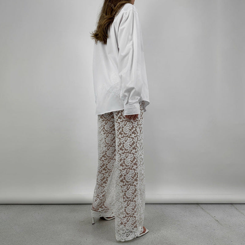 New All-match Lace High Waist Long Stitching Straight-leg Pants