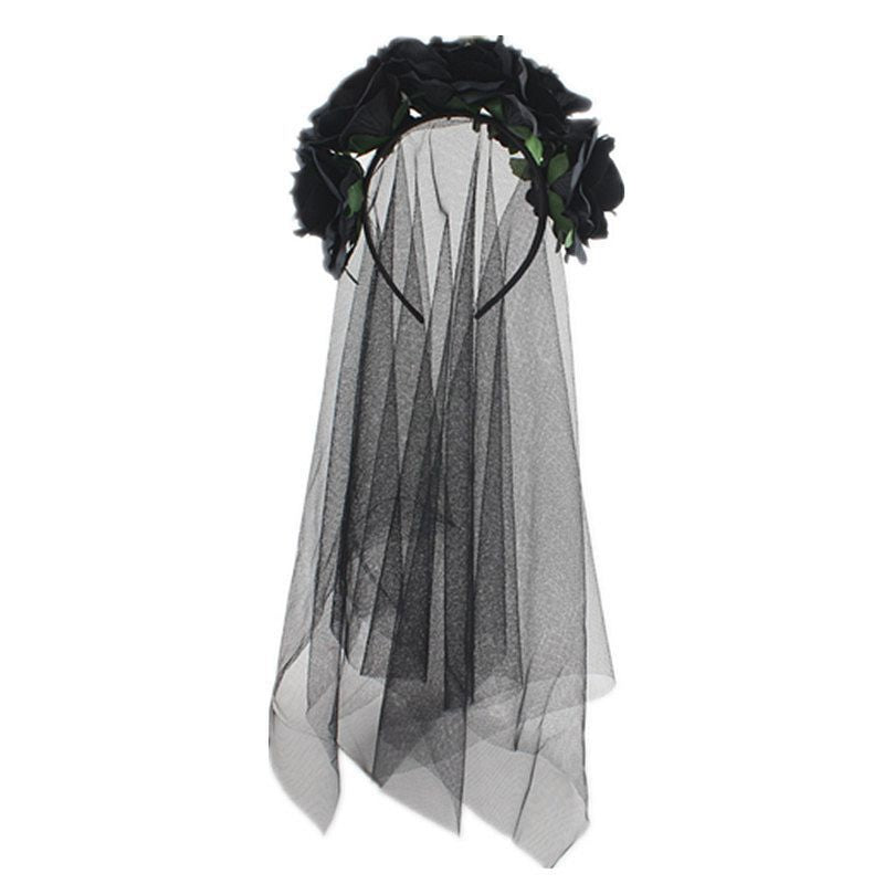 Halloween Headband Rose Flower Black Veil Witch