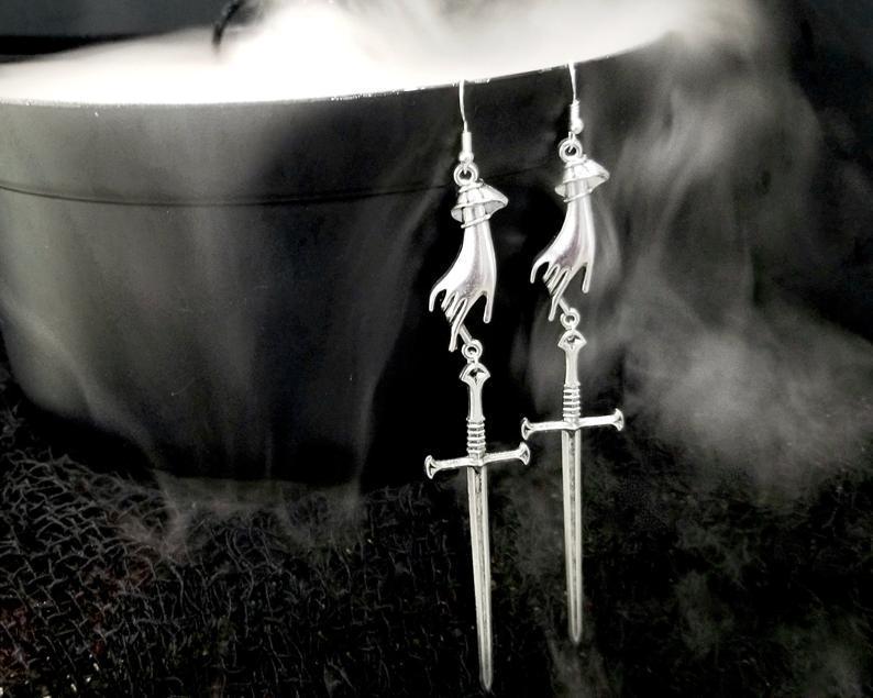 Hollow Moon  Witch Gothic Long Sword Halloween Earrings