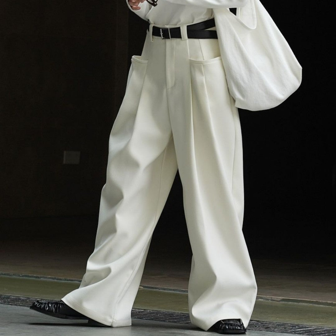 Korean Style Double Pleated Design Loose Casual Trousers Women