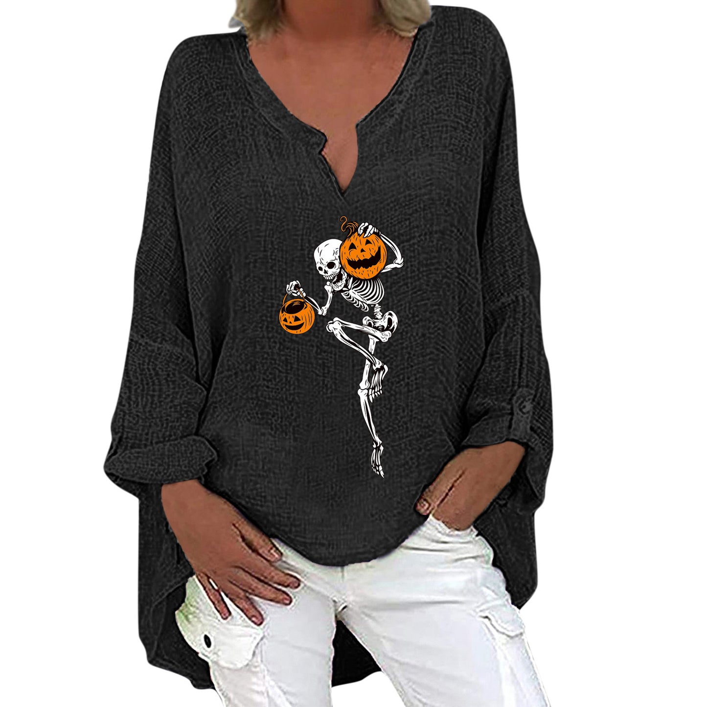Halloween Themed Print V-neck Cotton Linen Long Sleeve Shirt For Women