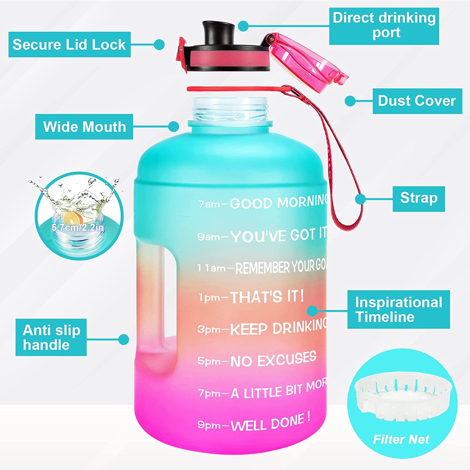 Gallon Water Bottle - 128 Oz, Leak Proof Lid with Time Markers for Gym