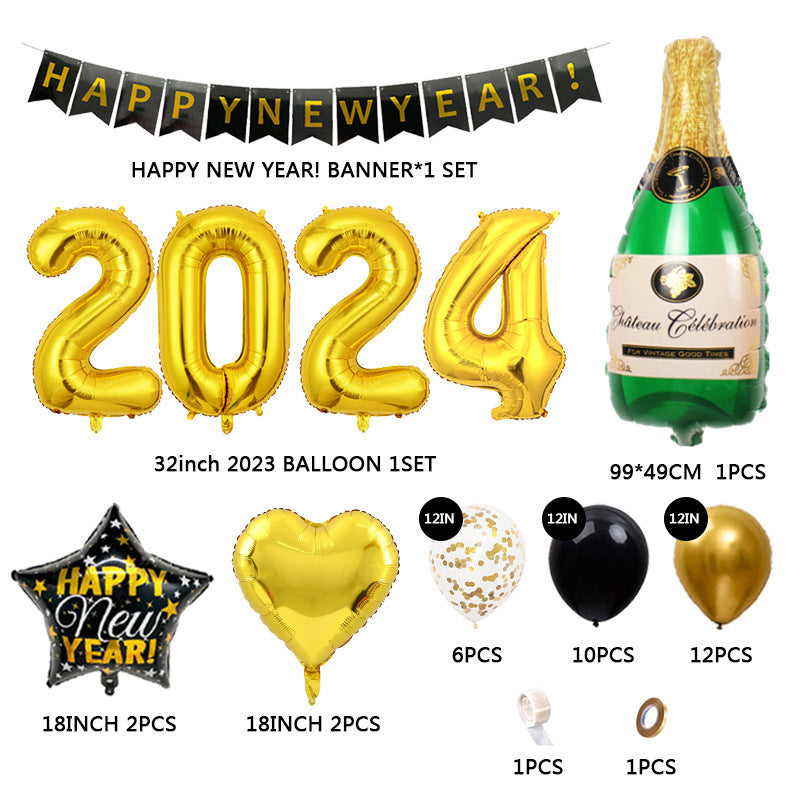 2024 New Year Party Balloon Set Wine Bottle Flag 32-inch Digital Balloon Combination Decorative Set
