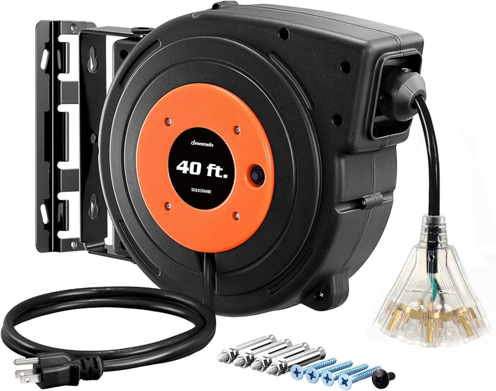 Retractable Extension Cord Reel, 40 FT Heavy Duty Power Cord, 12AWG/3C SJTOW, 3 Grounded Outlets Lighted Triple Tap, 15 Amp Circuit Breaker, UL Listed