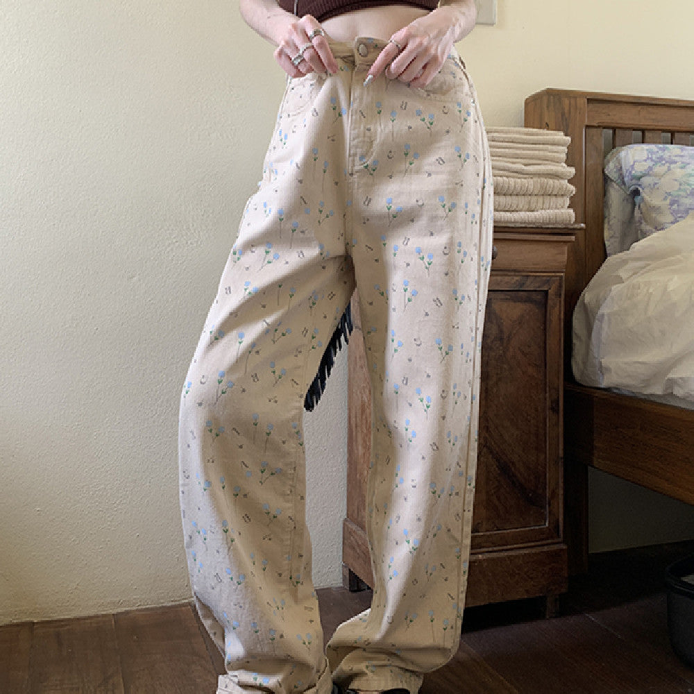 Refreshing Retro Small Floral Casual Loose Fitting Straight Tube Light Colored High Waisted Jeans For Women
