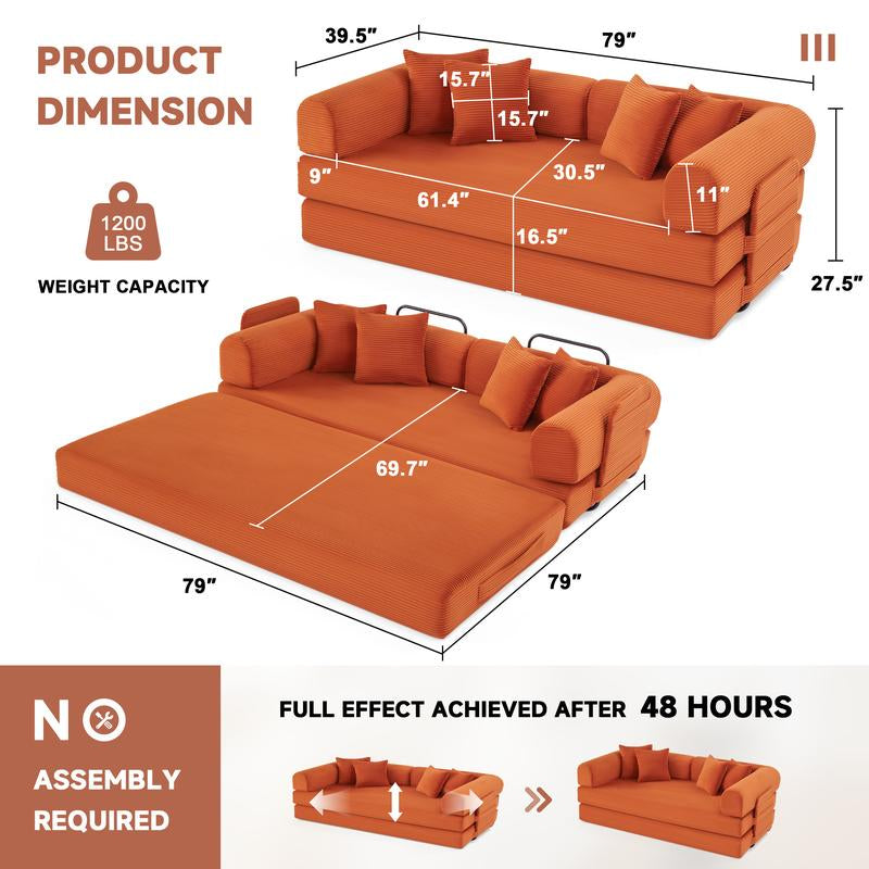 79" Oversized Boneless Couch with 4 Pillows,5 in 1 Convertible Sleeper Futon Sofa Bed with Deep Seat,Corduroy Foldable Modular Floor Pull Out Couch for Living Room,No Assemble
