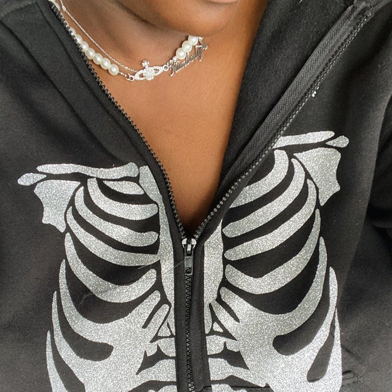 European And American Halloween Skull Print Pullover Hooded Zip Cardigan