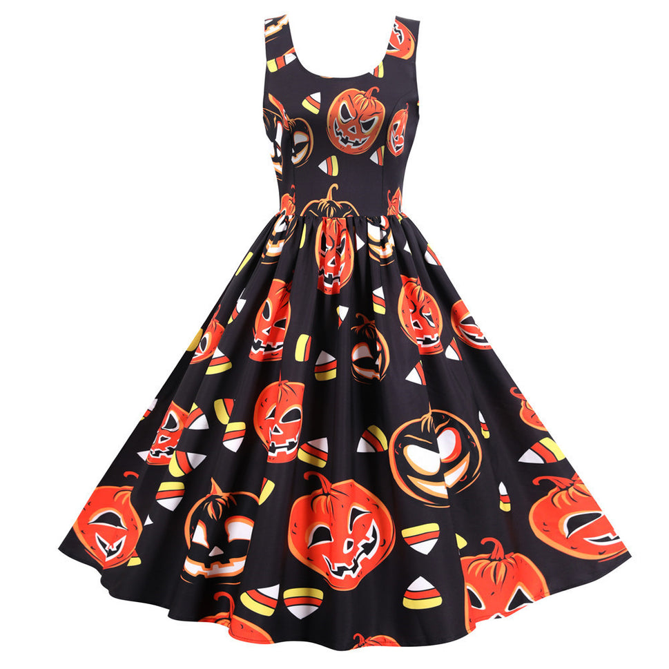 Halloween Rock And Roll Sleeveless Floral Dresses