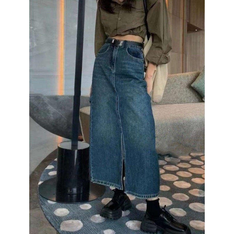 Plus Size Women's Denim Slit Sheath Skirt