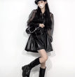 Black High Waist Small Leather Skirt Women's Cinched Pleated Split Skirt