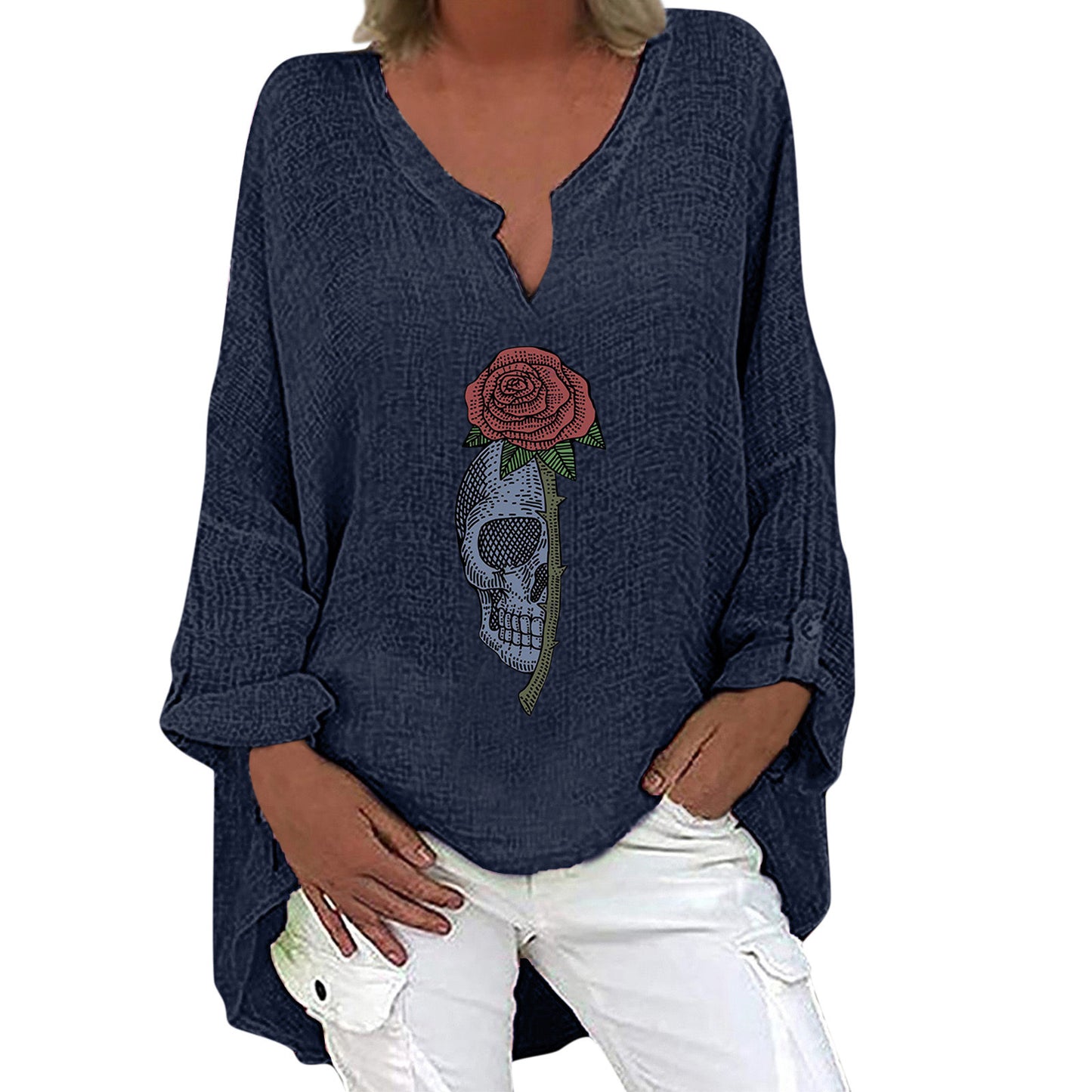 Halloween Themed Print V-neck Cotton Linen Long Sleeve Shirt For Women