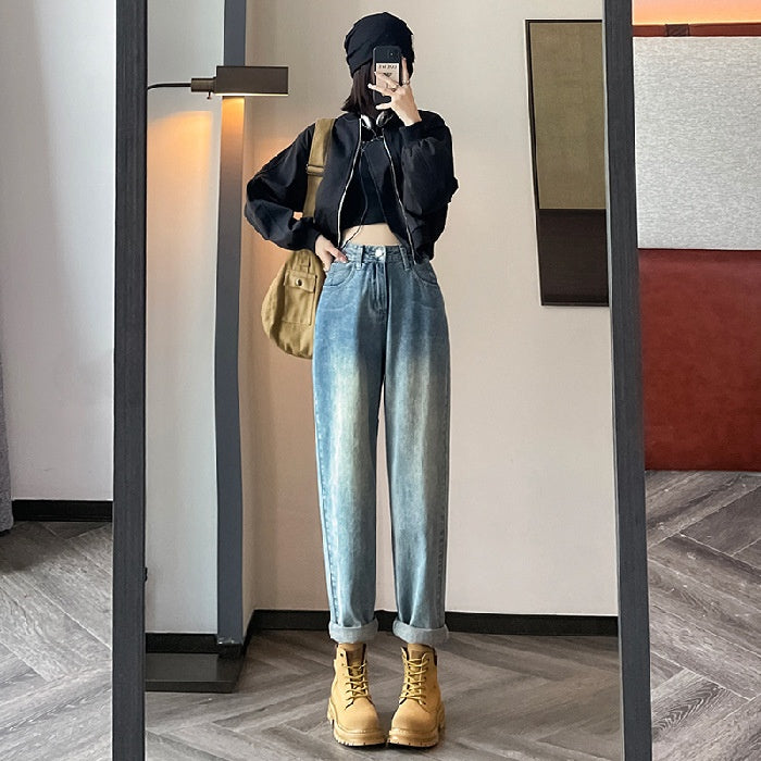 Women's Fashion High Waist Velvet Padded Harem Jeans