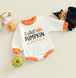 Halloween Alphabet Pumpkin Print Crew Neck Long Sleeve Romper