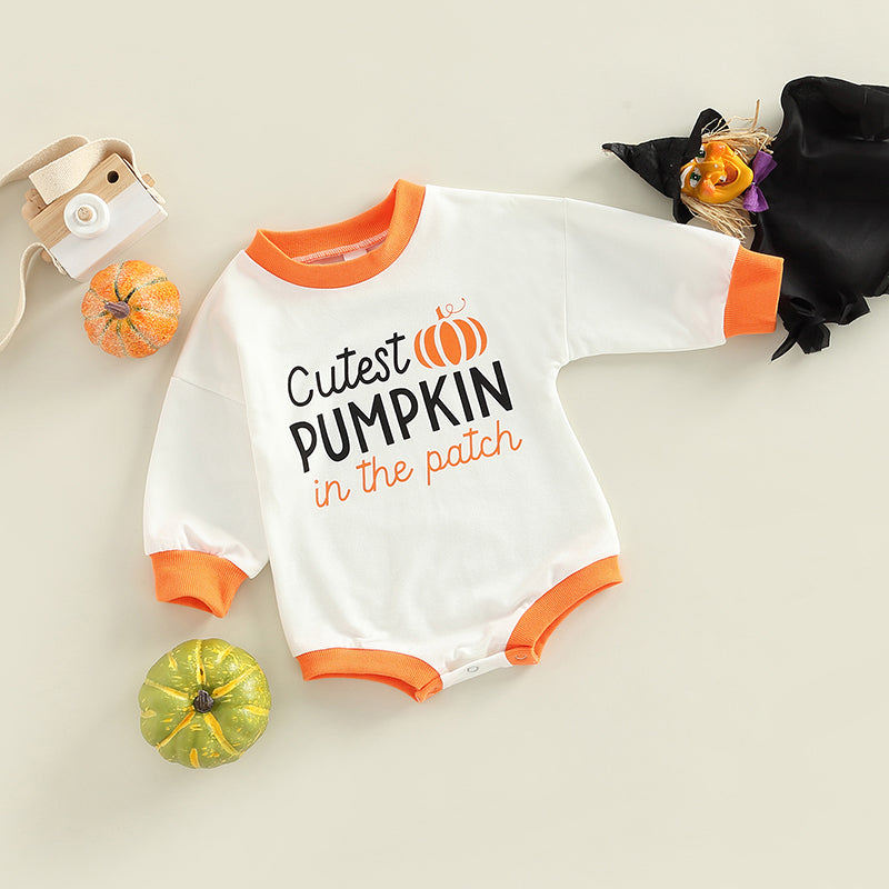 Halloween Alphabet Pumpkin Print Crew Neck Long Sleeve Romper