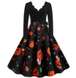 Halloween Burnt Flower V-neck Long-sleeved Sexy Print Big Swing Dress