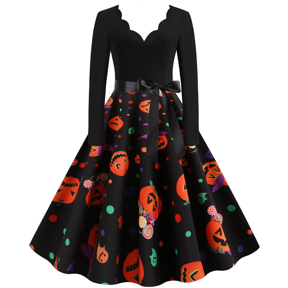 Halloween Burnt Flower V-neck Long-sleeved Sexy Print Big Swing Dress