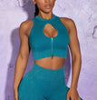 Stone Washed Rib Fitness Pants Women's Zipper Short Sleeve Bra