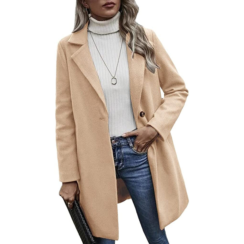 Button reversible trench coat Women's solid color pocket loose long sleeve woolen coat coat