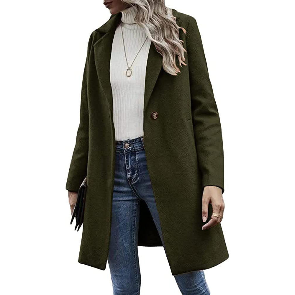 Button reversible trench coat Women's solid color pocket loose long sleeve woolen coat coat