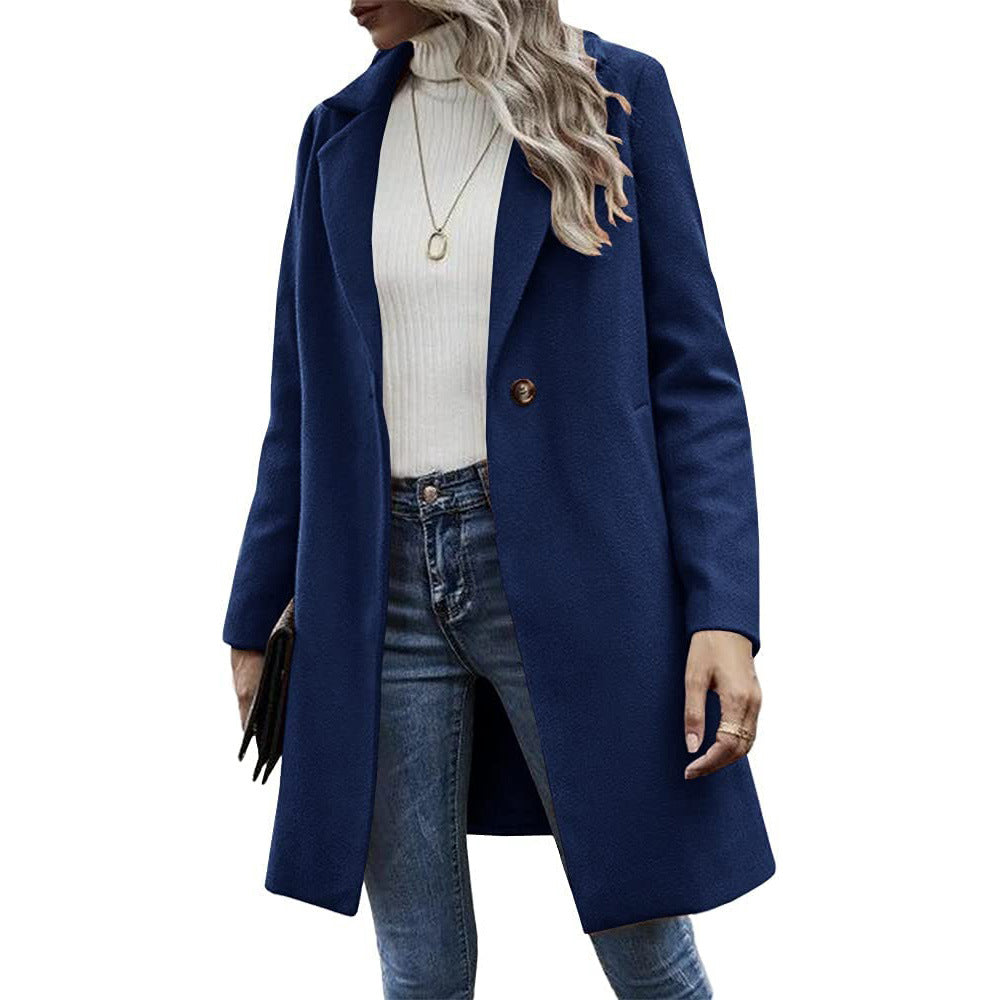 Button reversible trench coat Women's solid color pocket loose long sleeve woolen coat coat