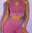 Stone Washed Rib Fitness Pants Women's Zipper Short Sleeve Bra