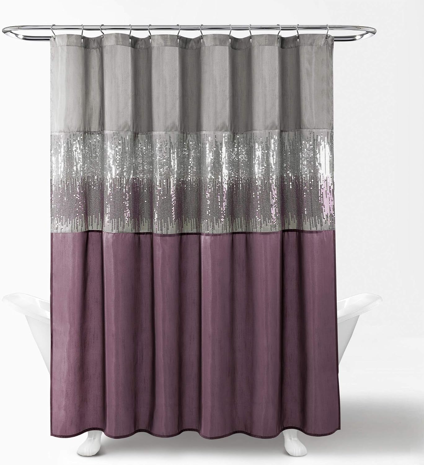 Night Sky Shower Curtain, Single, 72" W X 72" L, Gray & Purple - Sequin Shower Curtain - Sparkly Color Block Bath Curtain - Modern Glam Bathroom Decor