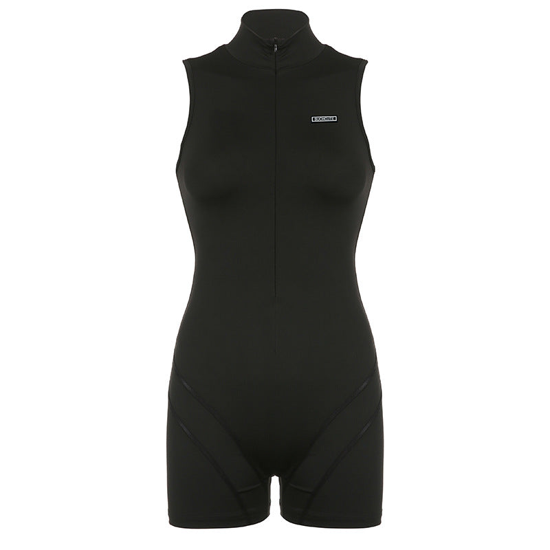 Sleeveless Half Turtleneck Invisible Zipper One-piece Shorts