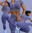 Stone Washed Rib Fitness Pants Women's Zipper Short Sleeve Bra