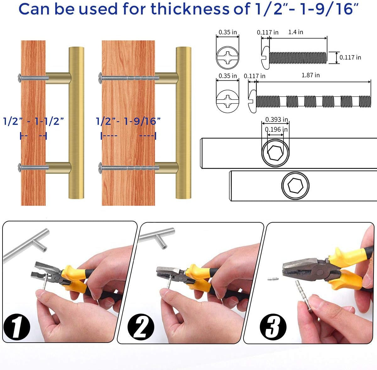 10 Pack 5 Inch Cabinet Pulls Brushed Brass Stainless Steel Kitchen Drawer Pulls Cabinet Handles 5”Length, 3” Hole Center