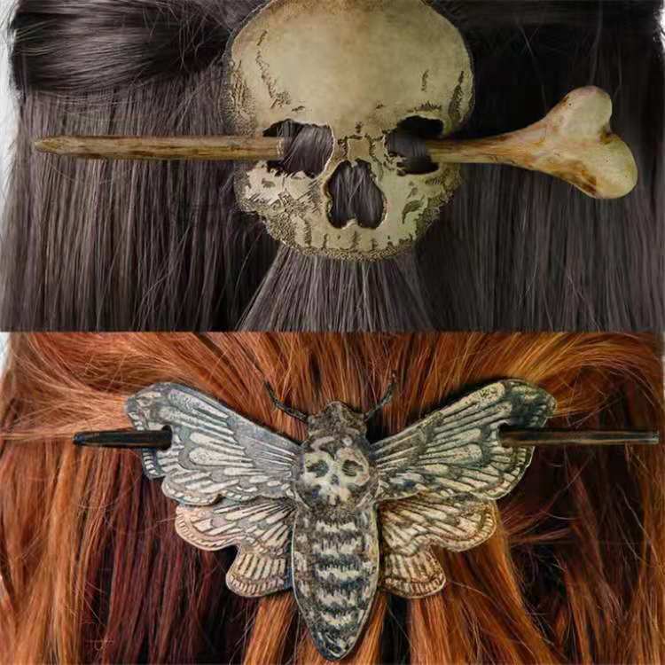 Halloween Horror Death Moth Skull Retro Hair Stick Fork Bun Holder Creative Slide Hairpins With Faux Bone Ponytail Barrette