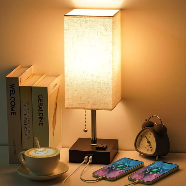 Minimalist USB Bedside Lamp, Square Linen Shade