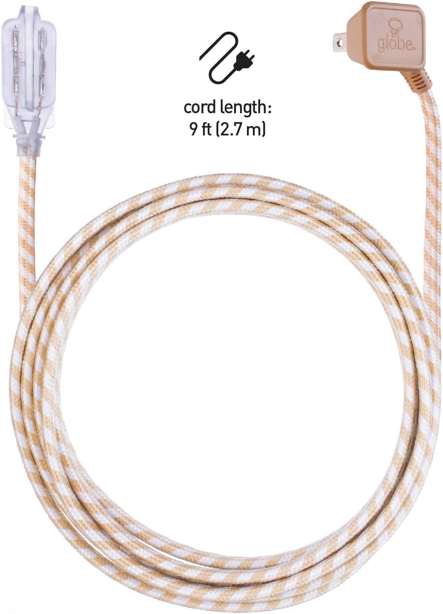 22836 Designer Series 9-Ft Fabric Extension Cord, 3 Polarized Outlets, Right Angle Plug, 125 Volts, Gold and White